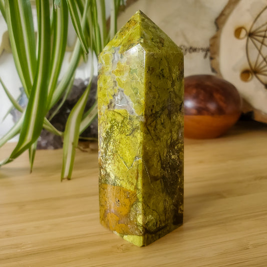 Serpentine with quartz point, mottled green stone with clear crystal