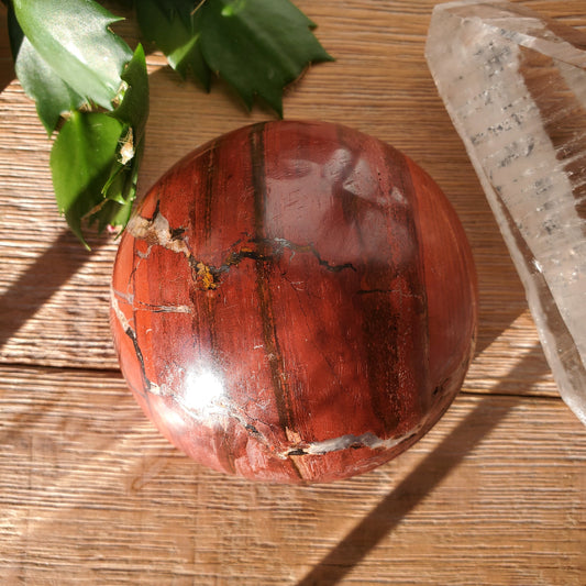 Red jasper freeform button, large half-sphere with quartz veining