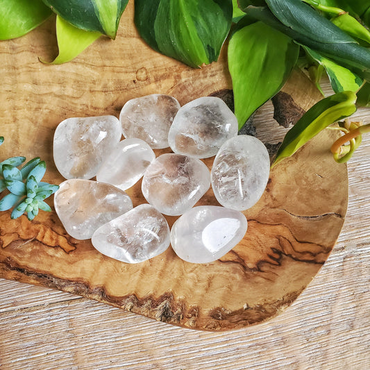 Tumbled clear quartz stone, colorless polished crystal