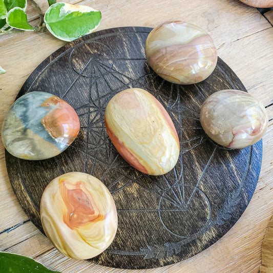 Polychrome jasper palmstone, piece 2, swirling blue red cream pattern