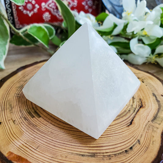 Selenite pyramid, polished white crystal pyramid shape
