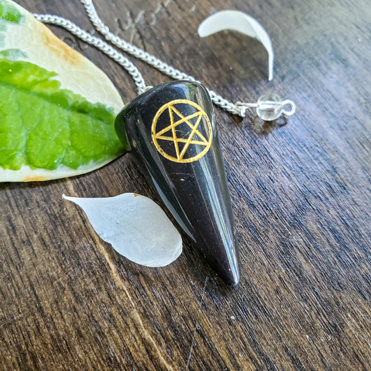 Black tourmaline pendulum with gold pentacle engraving