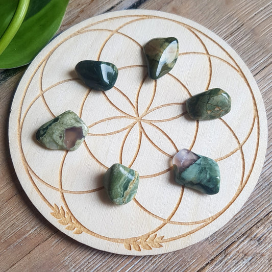 Tumbled rainforest jasper, mottled green brown cream pattern